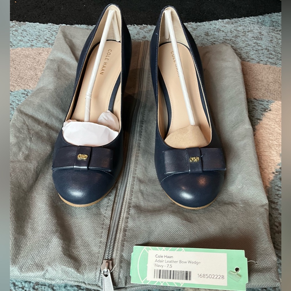Cole Haan Navy Leather Wedges with Bow